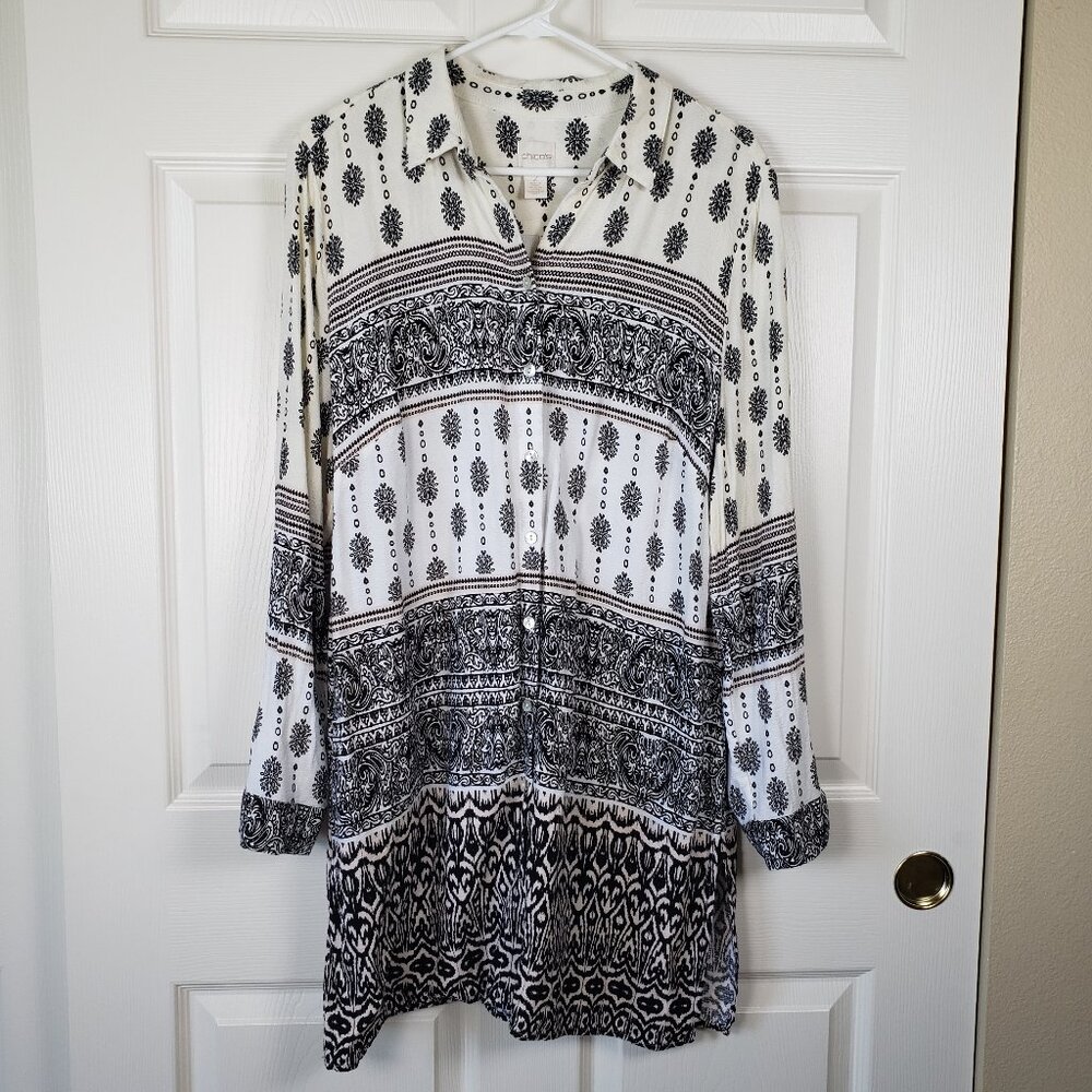 Chicos 2 Us Size L Bohemian Lagenlook Long Sleeve Collared Button Tunic Blouse